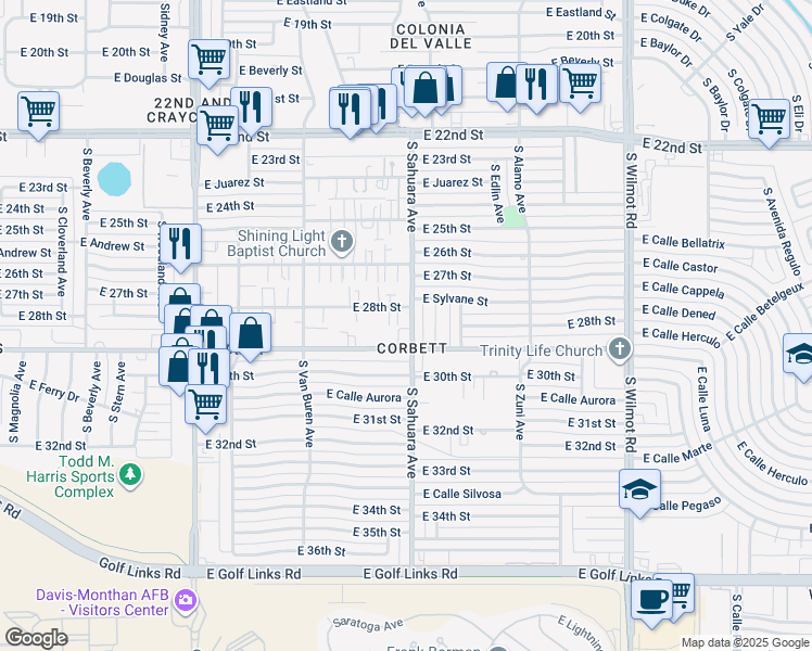 map of restaurants, bars, coffee shops, grocery stores, and more near 1808 South Sahuara Avenue in Tucson