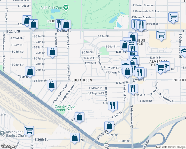 map of restaurants, bars, coffee shops, grocery stores, and more near 1761 Richey Avenue in Tucson