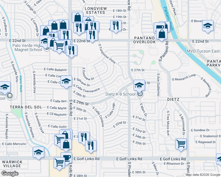 map of restaurants, bars, coffee shops, grocery stores, and more near 7341 East 28th Place in Tucson