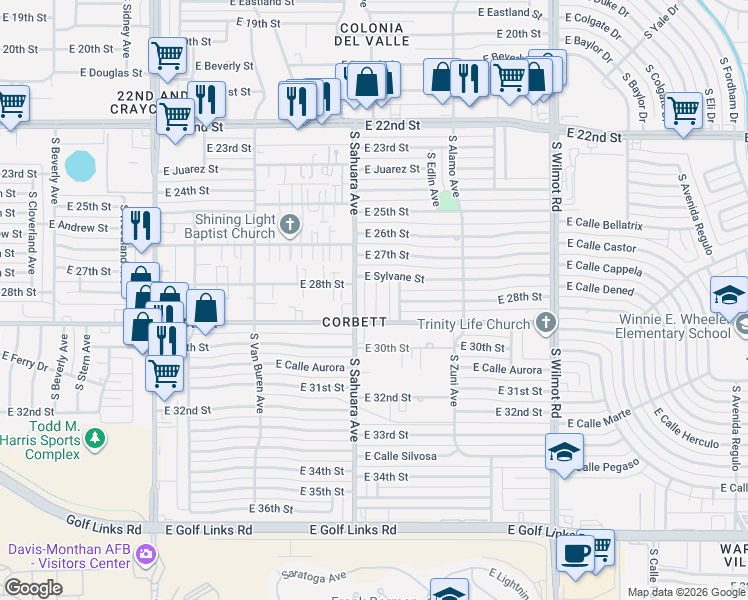 map of restaurants, bars, coffee shops, grocery stores, and more near 1844 South Poetry Lane in Tucson