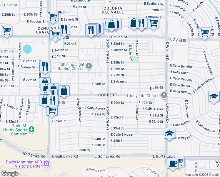 map of restaurants, bars, coffee shops, grocery stores, and more near 1842 South Teachers Row Lane in Tucson