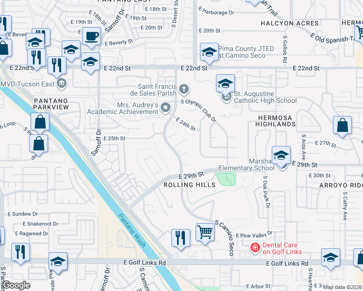 map of restaurants, bars, coffee shops, grocery stores, and more near 8630 E 26th Pl in Tucson