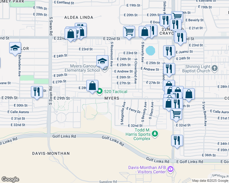 map of restaurants, bars, coffee shops, grocery stores, and more near 5122 East 28th Street in Tucson