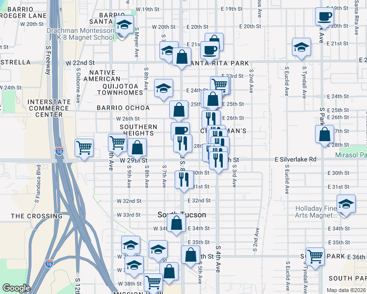 map of restaurants, bars, coffee shops, grocery stores, and more near 1805 South 6th Avenue in Tucson