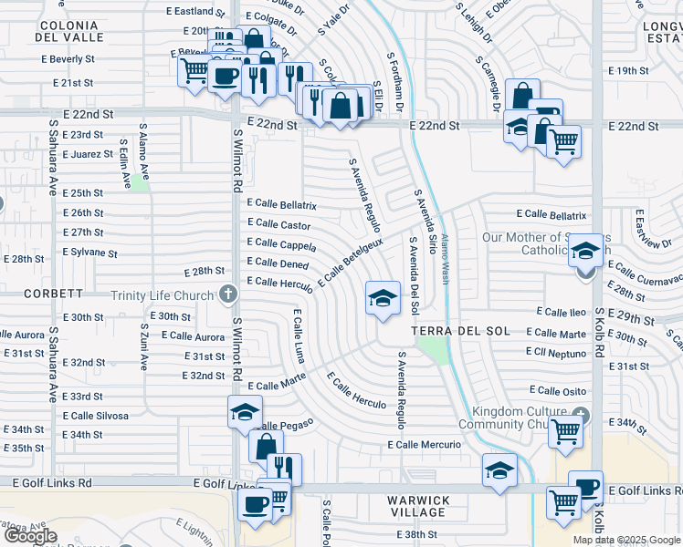 map of restaurants, bars, coffee shops, grocery stores, and more near 6502 East Calle Cappela in Tucson