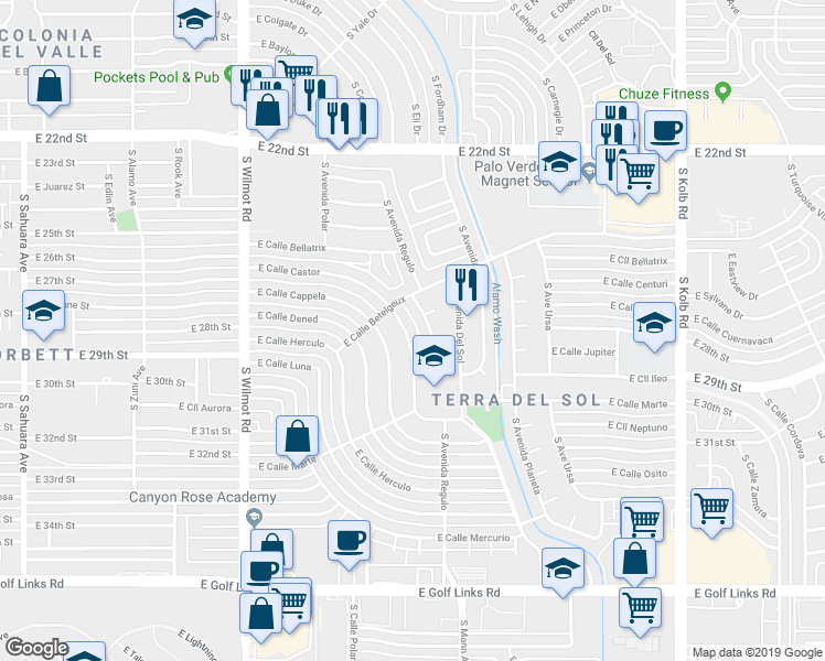 map of restaurants, bars, coffee shops, grocery stores, and more near 6525 East Calle Castor in Tucson