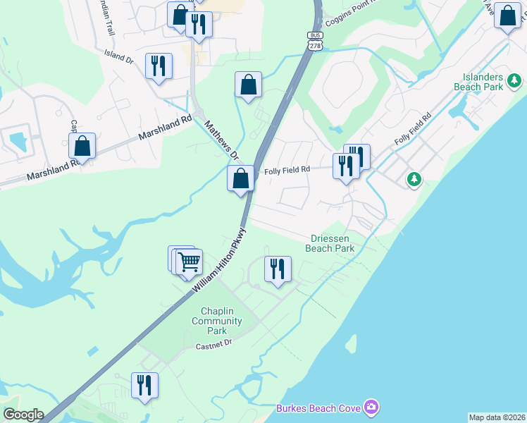 map of restaurants, bars, coffee shops, grocery stores, and more near 6 Christopher Drive in Hilton Head Island