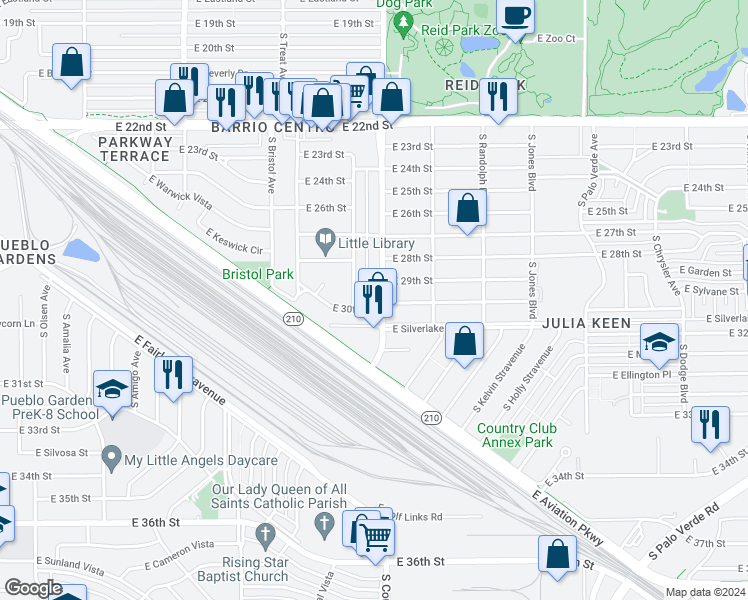 map of restaurants, bars, coffee shops, grocery stores, and more near 1826 South Country Club Road in Tucson