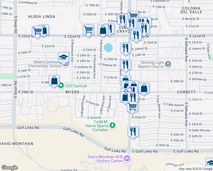 map of restaurants, bars, coffee shops, grocery stores, and more near 5326 E 28th St in Tucson