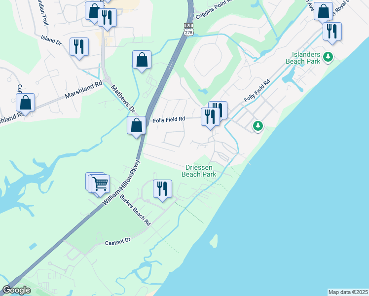 map of restaurants, bars, coffee shops, grocery stores, and more near 49 Sandcastle Court in Hilton Head Island