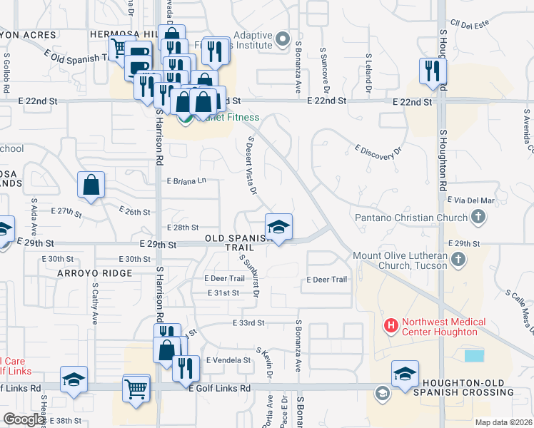 map of restaurants, bars, coffee shops, grocery stores, and more near 1750 South Desert Vista Drive in Tucson