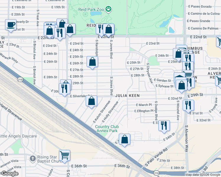 map of restaurants, bars, coffee shops, grocery stores, and more near 3373 East 30th Street in Tucson