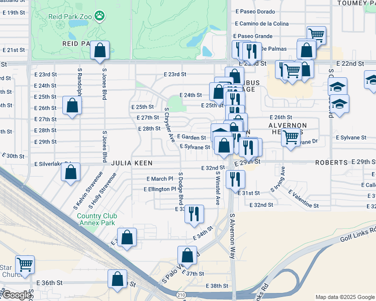 map of restaurants, bars, coffee shops, grocery stores, and more near 1812 South Kitt Place in Tucson