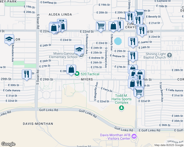 map of restaurants, bars, coffee shops, grocery stores, and more near 5122 East 28th Street in Tucson