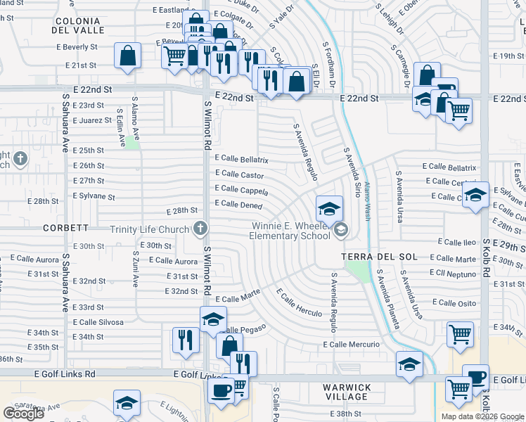 map of restaurants, bars, coffee shops, grocery stores, and more near 6426 East Calle Dened in Tucson