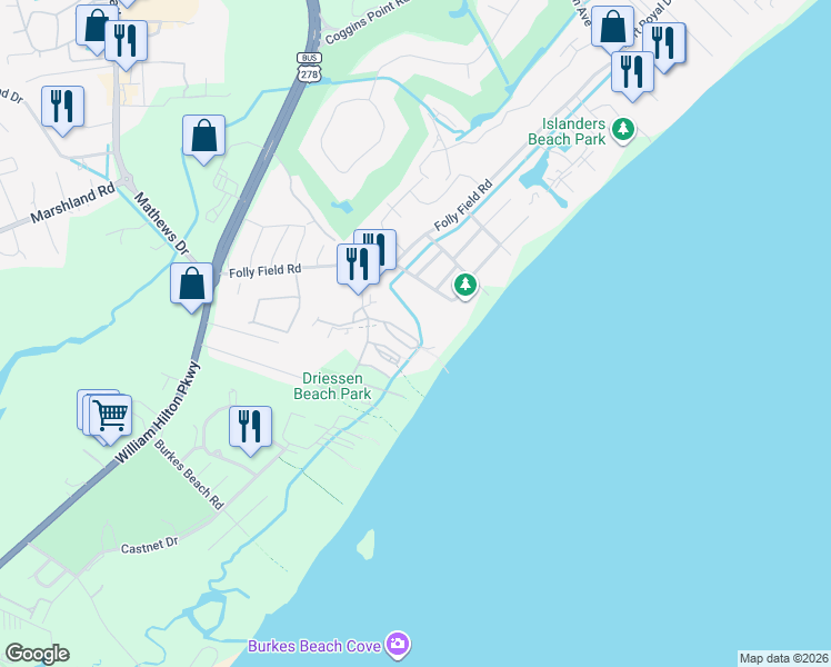 map of restaurants, bars, coffee shops, grocery stores, and more near 40 Folly Field Road in Hilton Head Island