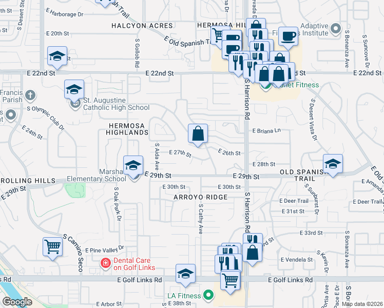 map of restaurants, bars, coffee shops, grocery stores, and more near 9281 East 27th Street in Tucson