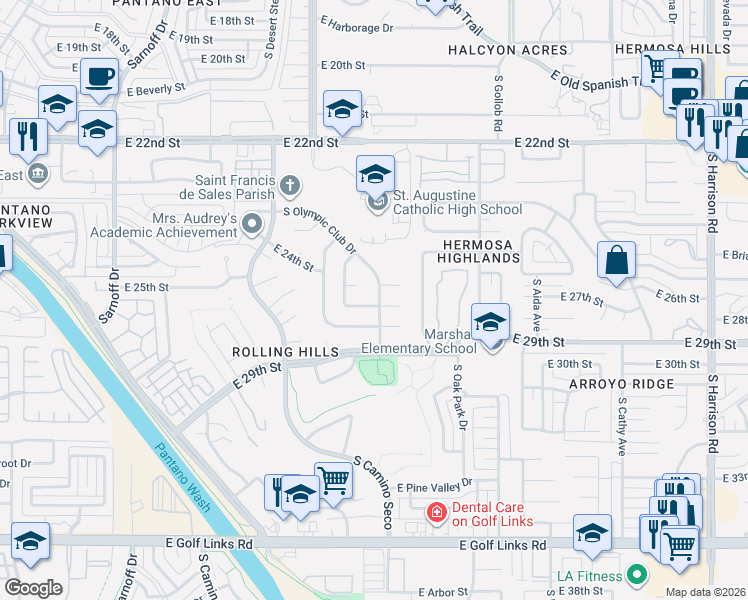 map of restaurants, bars, coffee shops, grocery stores, and more near 8843 East 27th Street in Tucson