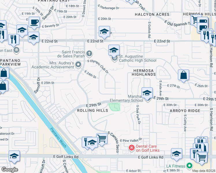 map of restaurants, bars, coffee shops, grocery stores, and more near 8743 East 27th Street in Tucson
