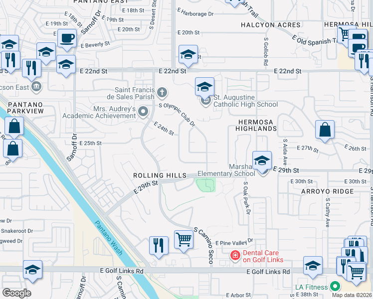 map of restaurants, bars, coffee shops, grocery stores, and more near 8743 East 27th Street in Tucson