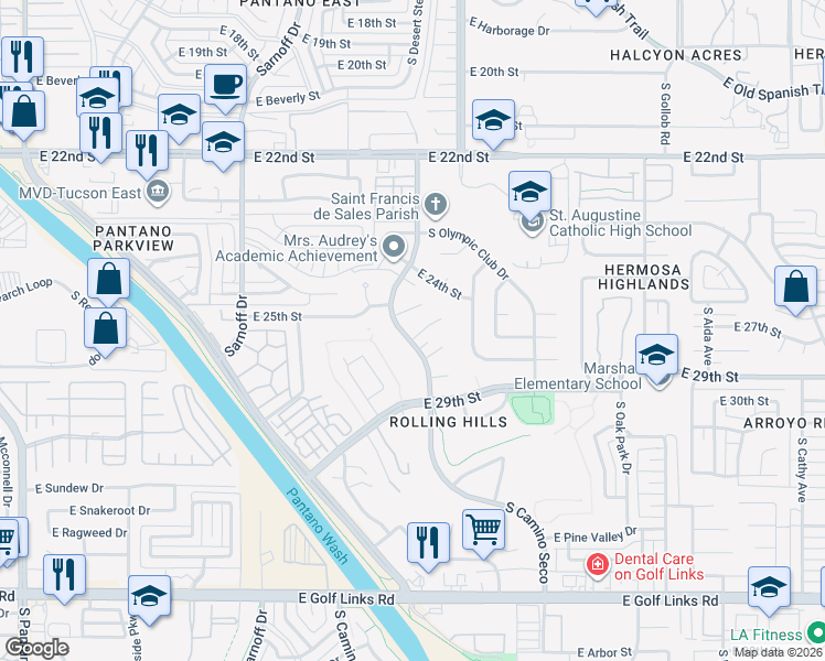 map of restaurants, bars, coffee shops, grocery stores, and more near 8630 East 26th Place in Tucson