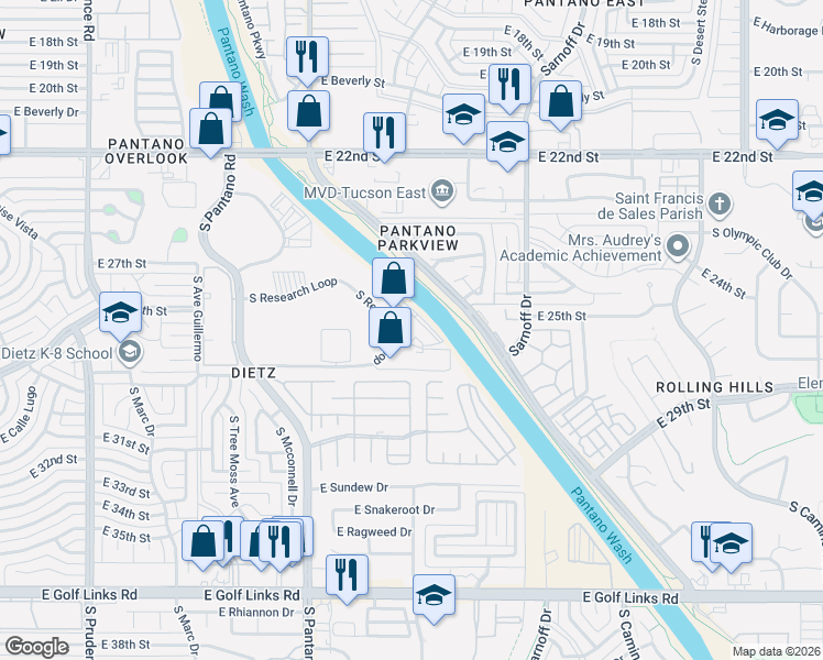 map of restaurants, bars, coffee shops, grocery stores, and more near 8075 E Research Ct in Tucson