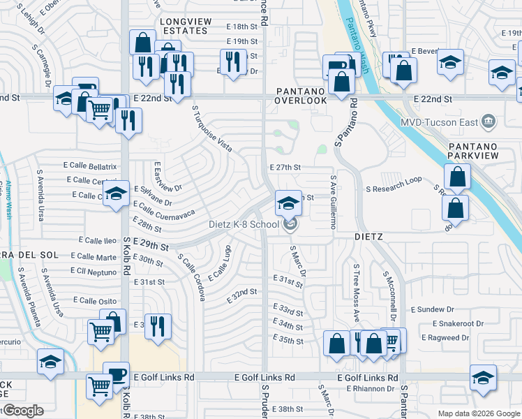 map of restaurants, bars, coffee shops, grocery stores, and more near 7512 East 29th Street in Tucson