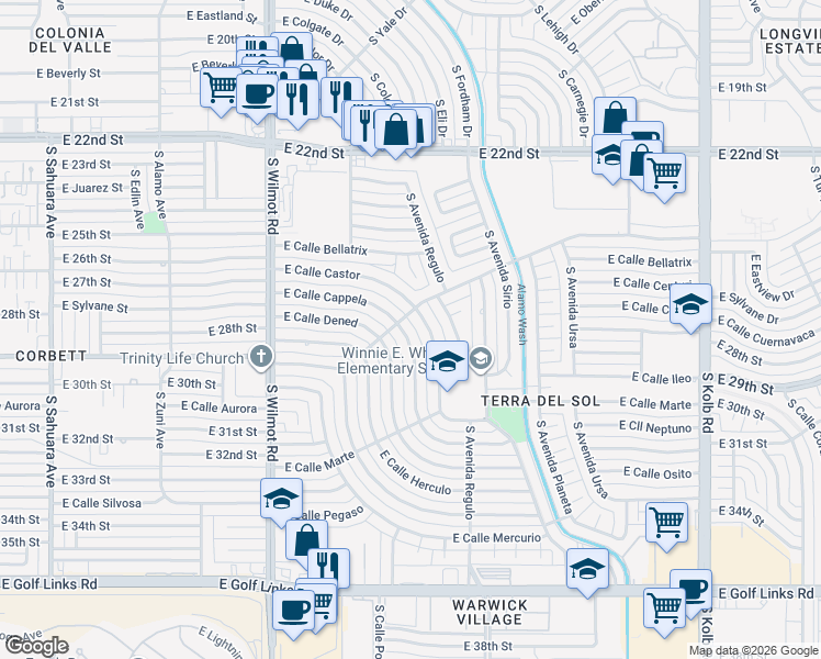 map of restaurants, bars, coffee shops, grocery stores, and more near 6502 East Calle Cappela in Tucson