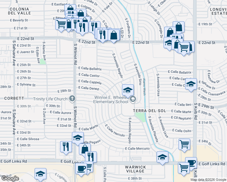 map of restaurants, bars, coffee shops, grocery stores, and more near 6502 East Calle Cappela in Tucson