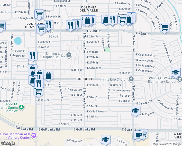 map of restaurants, bars, coffee shops, grocery stores, and more near 5949 East 29th Street in Tucson