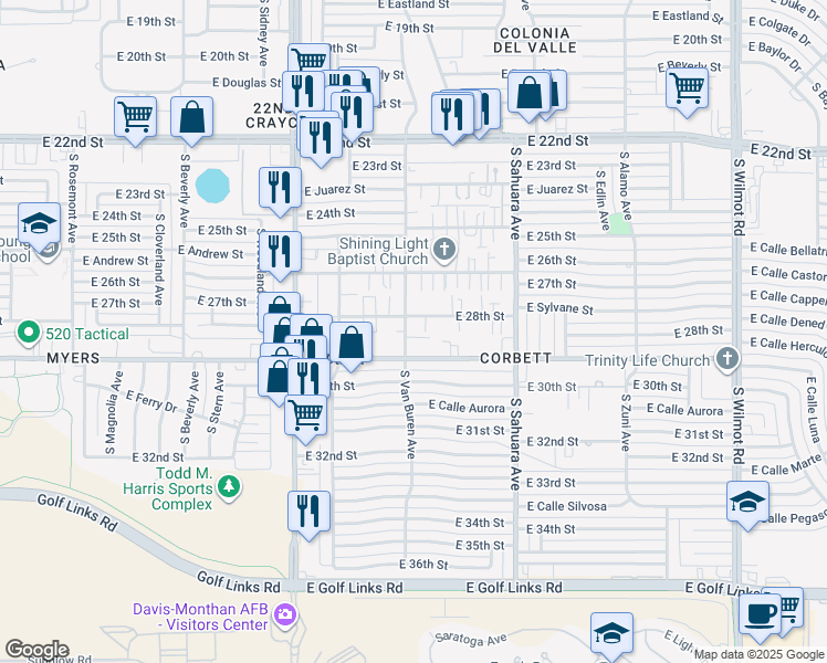 map of restaurants, bars, coffee shops, grocery stores, and more near 1814 South Van Buren Avenue in Tucson