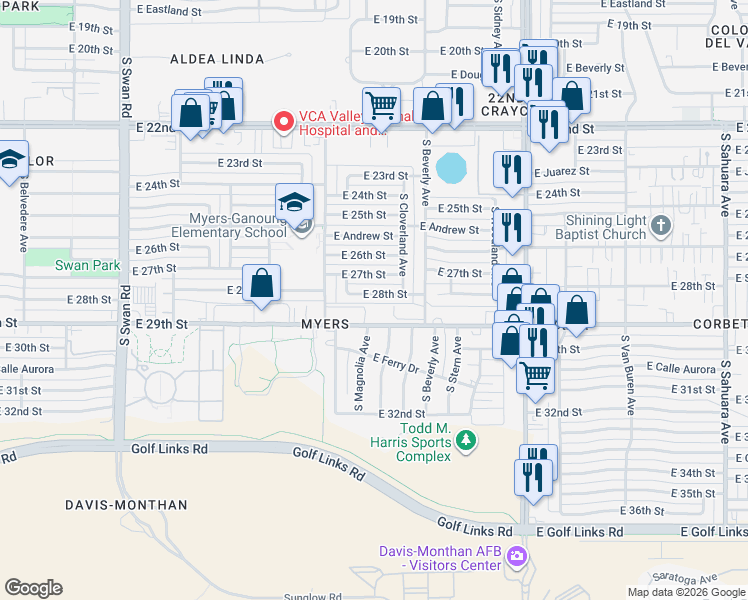 map of restaurants, bars, coffee shops, grocery stores, and more near 5200 East 28th Street in Tucson