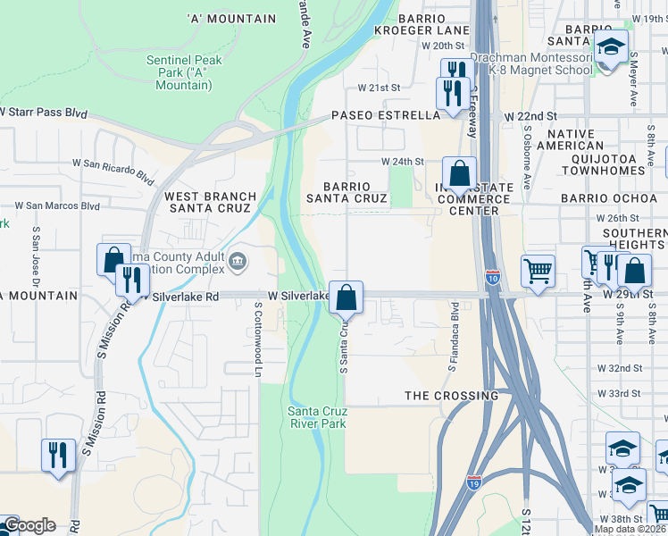 map of restaurants, bars, coffee shops, grocery stores, and more near 1808 South Santa Cruz Lane in Tucson