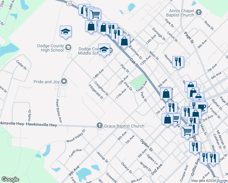 map of restaurants, bars, coffee shops, grocery stores, and more near 412 11th Avenue in Eastman
