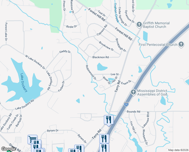 map of restaurants, bars, coffee shops, grocery stores, and more near 868 Robinwood Drive in Jackson