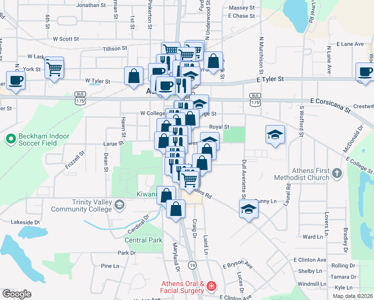 map of restaurants, bars, coffee shops, grocery stores, and more near 403 South Palestine Street in Athens
