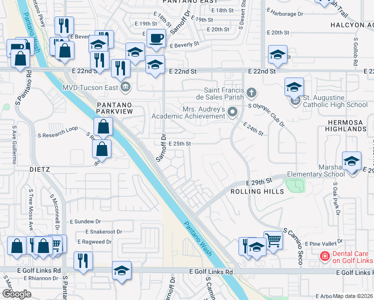map of restaurants, bars, coffee shops, grocery stores, and more near 1751 South Avenue Sosegado in Tucson