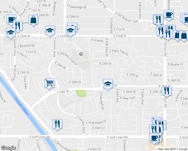 map of restaurants, bars, coffee shops, grocery stores, and more near 1733 South Regina Cleri Drive in Tucson
