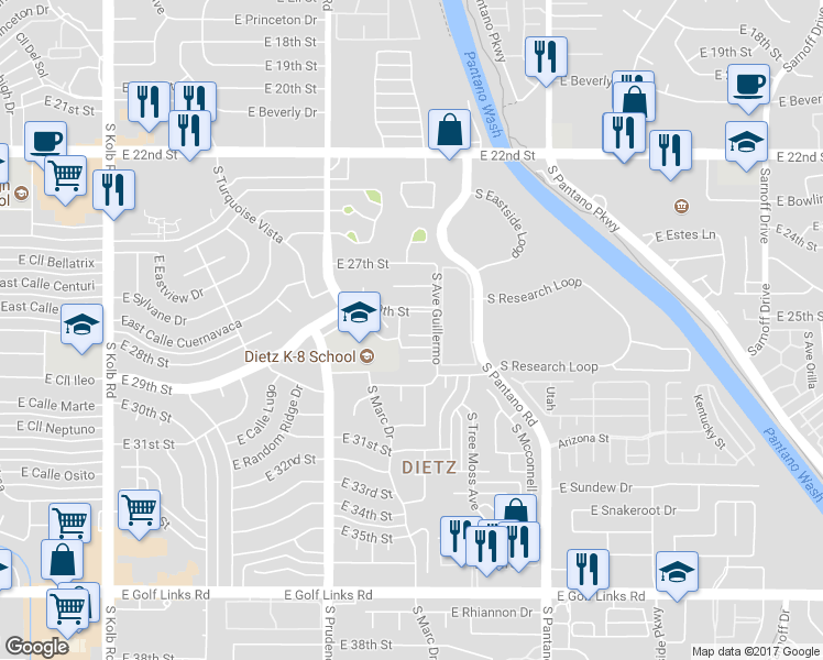 map of restaurants, bars, coffee shops, grocery stores, and more near 7625 East Jalapa Place in Tucson