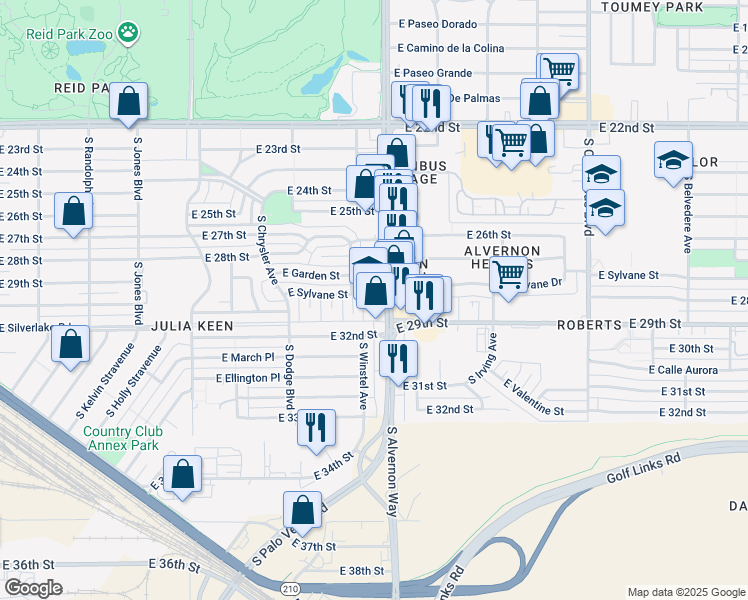 map of restaurants, bars, coffee shops, grocery stores, and more near 1844 South Alvernon Way in Tucson