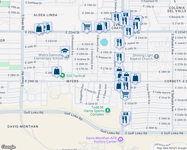 map of restaurants, bars, coffee shops, grocery stores, and more near 5248 East 28th Street in Tucson