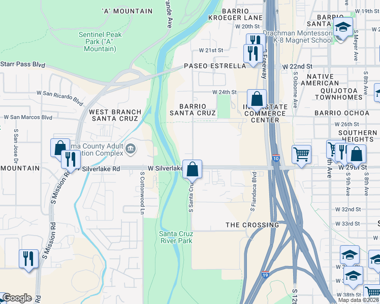 map of restaurants, bars, coffee shops, grocery stores, and more near 1808 South Santa Cruz Lane in Tucson