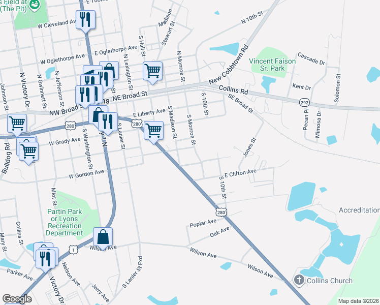 map of restaurants, bars, coffee shops, grocery stores, and more near 252 South Monroe Street in Lyons