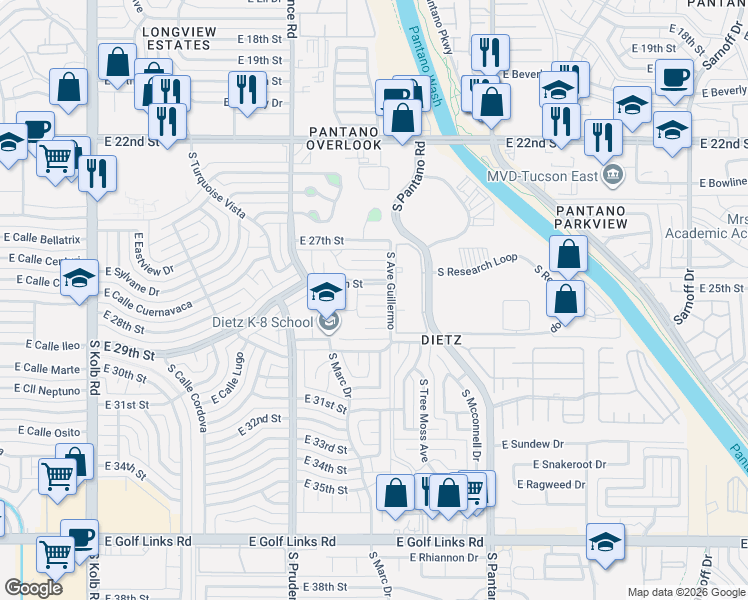 map of restaurants, bars, coffee shops, grocery stores, and more near 7625 East Jalapa Place in Tucson