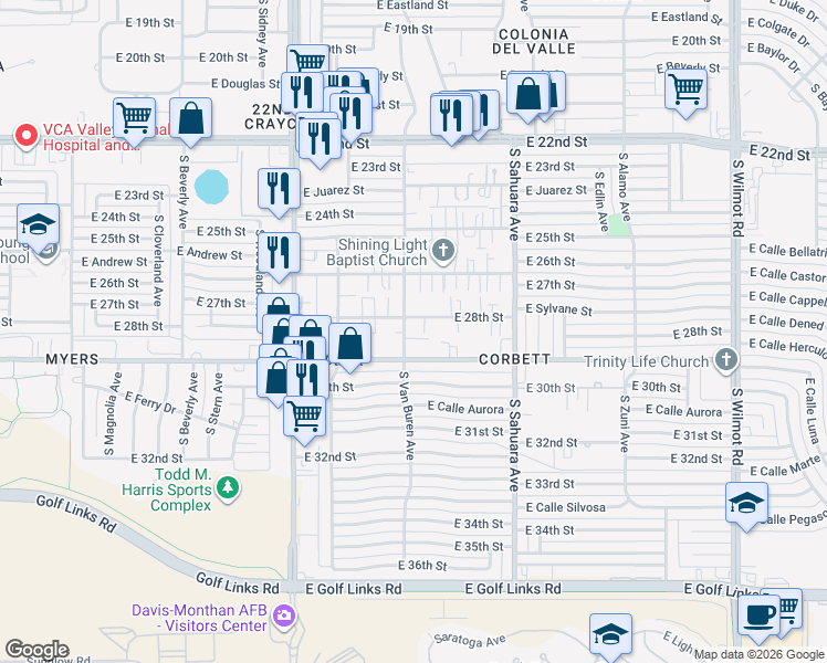map of restaurants, bars, coffee shops, grocery stores, and more near 1814 South Van Buren Avenue in Tucson