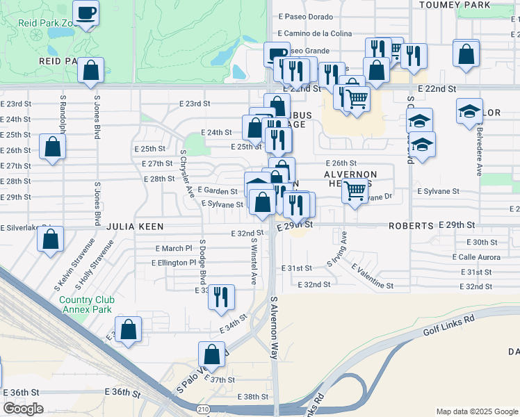 map of restaurants, bars, coffee shops, grocery stores, and more near 1844 South Alvernon Way in Tucson