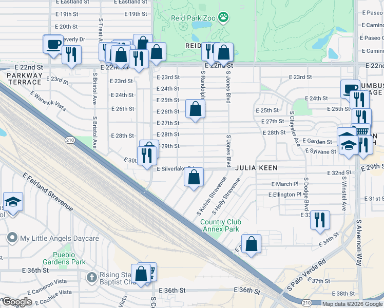 map of restaurants, bars, coffee shops, grocery stores, and more near 3241 East 30th Street in Tucson