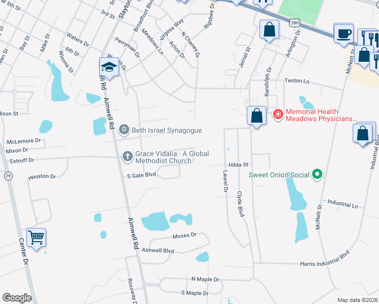 map of restaurants, bars, coffee shops, grocery stores, and more near 1525 Hall Way in Vidalia