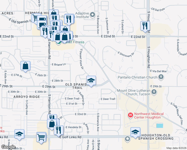 map of restaurants, bars, coffee shops, grocery stores, and more near 1781 South Desert Vista Drive in Tucson