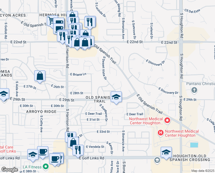 map of restaurants, bars, coffee shops, grocery stores, and more near 9770 East Sunburst Drive in Tucson